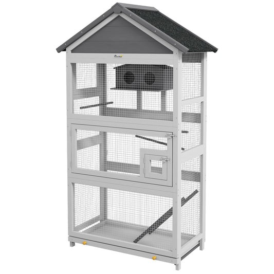 PAWHUT Voliera for 3 -door birds with house and tray, in wood and metal, 92x52x171 cm, gray and black - Borgè