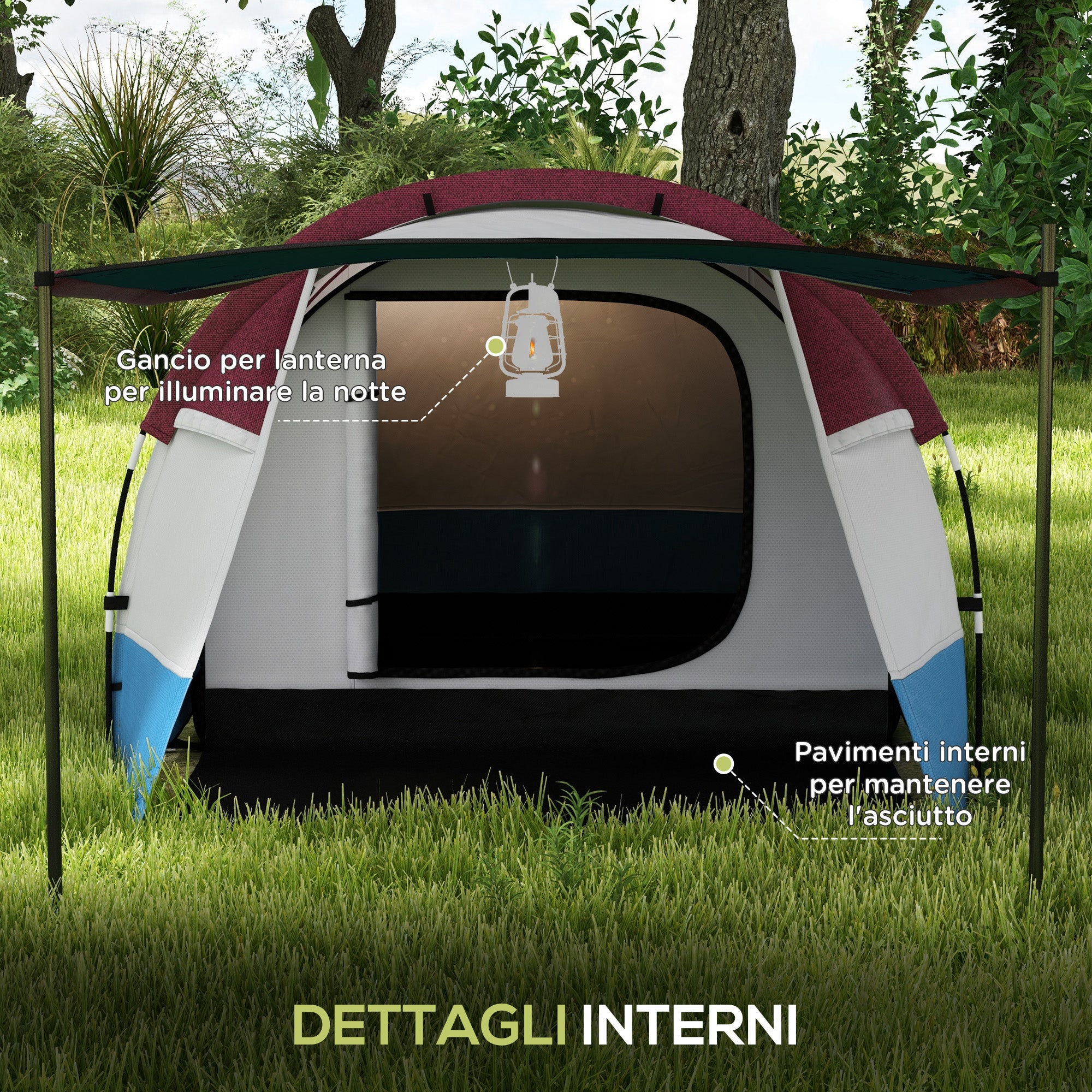 Outsunny Waterproof Camping Tent with 2 Areas and 3 Entrances, in Polyester and Fiberglass, 420x200x150 cm, Red - Borgè