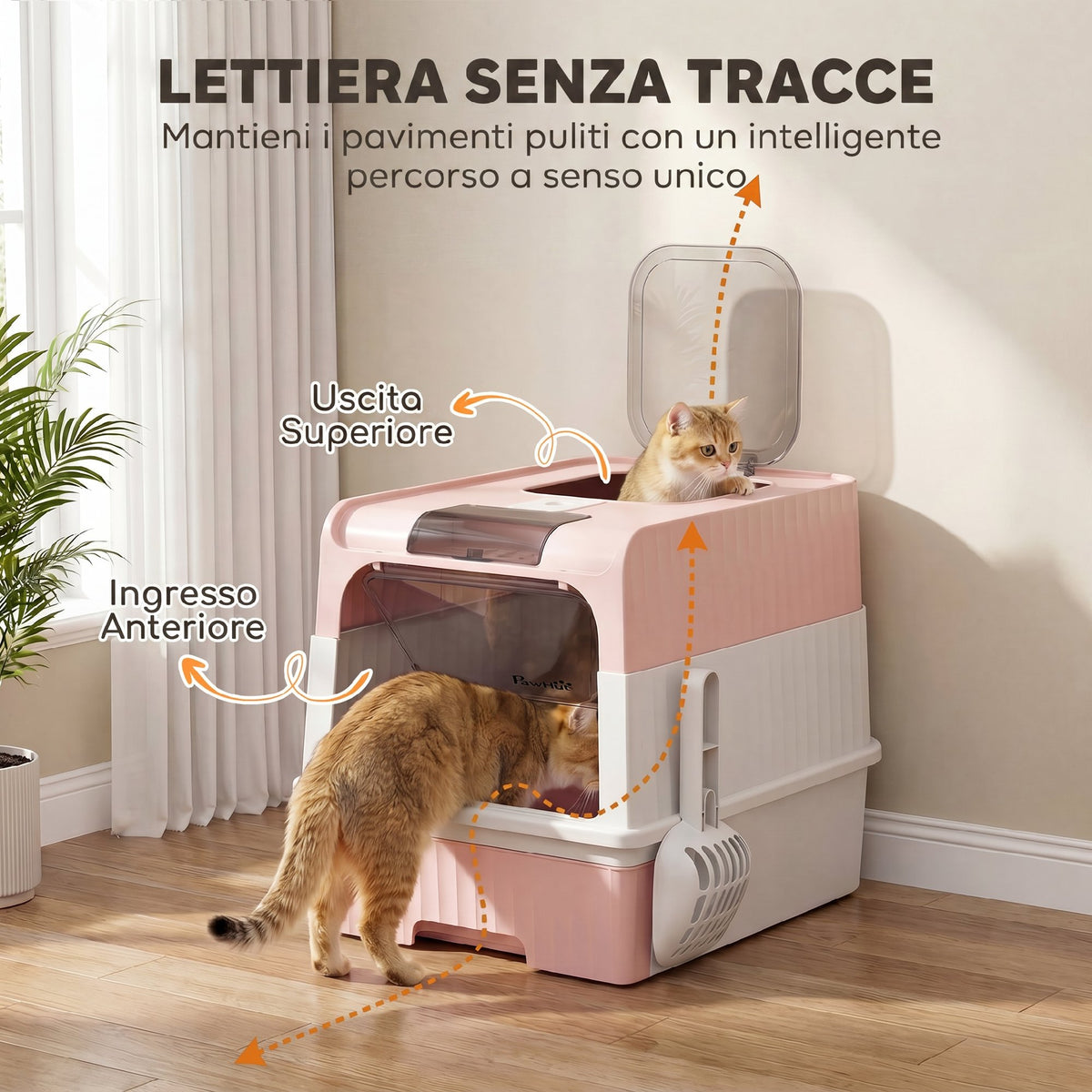 PawHut Enclosed Cat Litter Box with Removable Tray, Scoop and Deodorizer, 48x35x36 cm, Pink