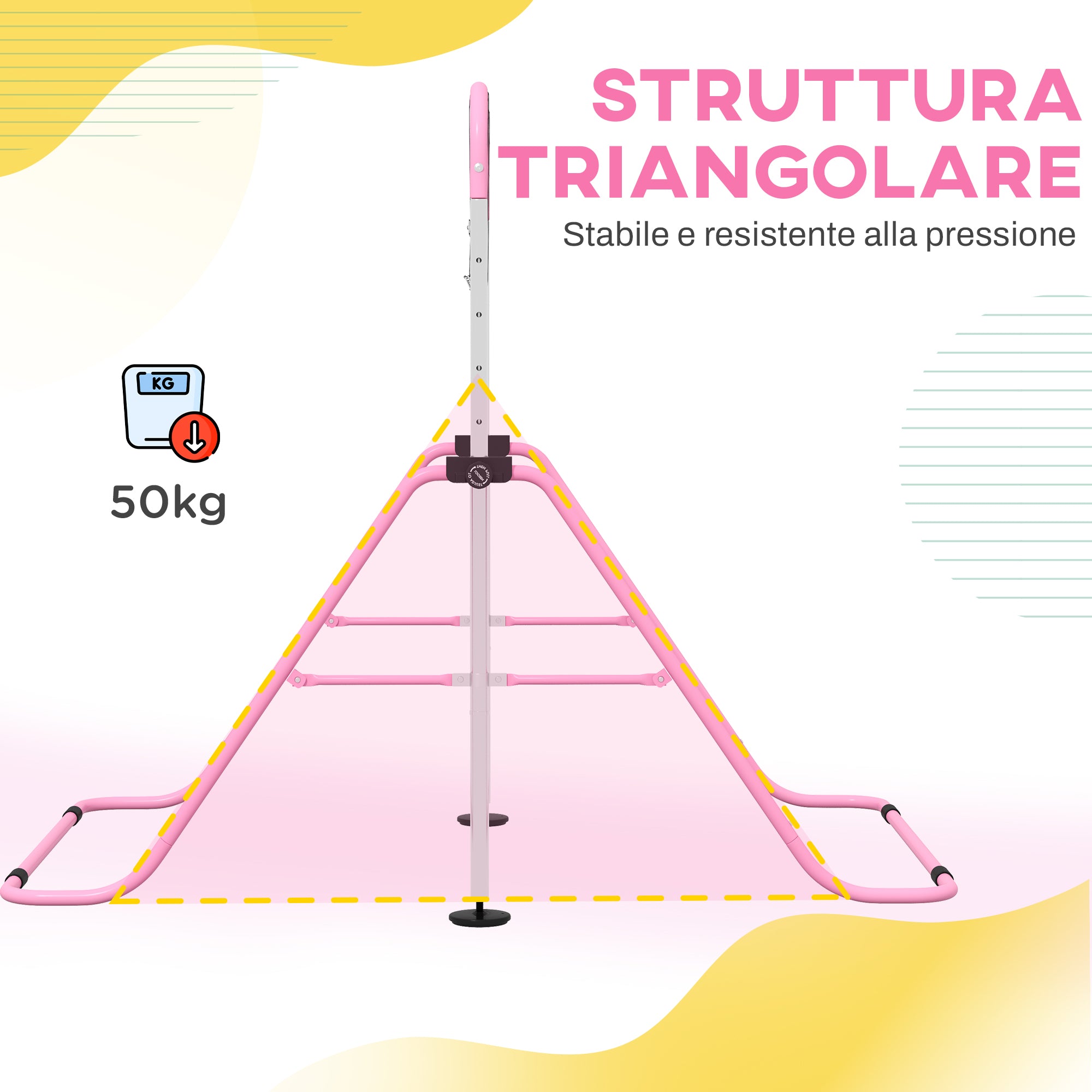 Height Adjustable Gymnastics Bar for Children with 2 Rings, Steel, 148x105x88-128 cm, Pink