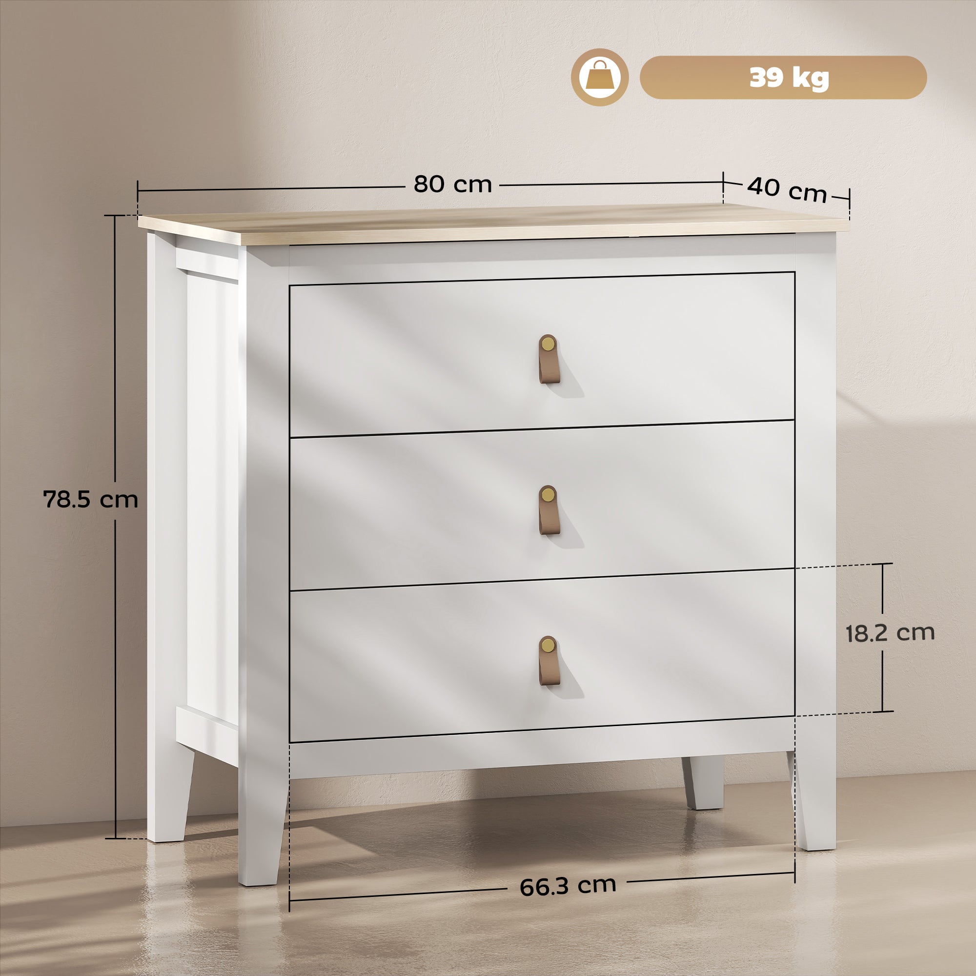 3-Drawer Bedroom Chest with Faux Leather Handles, 80x40x78.5 cm, White