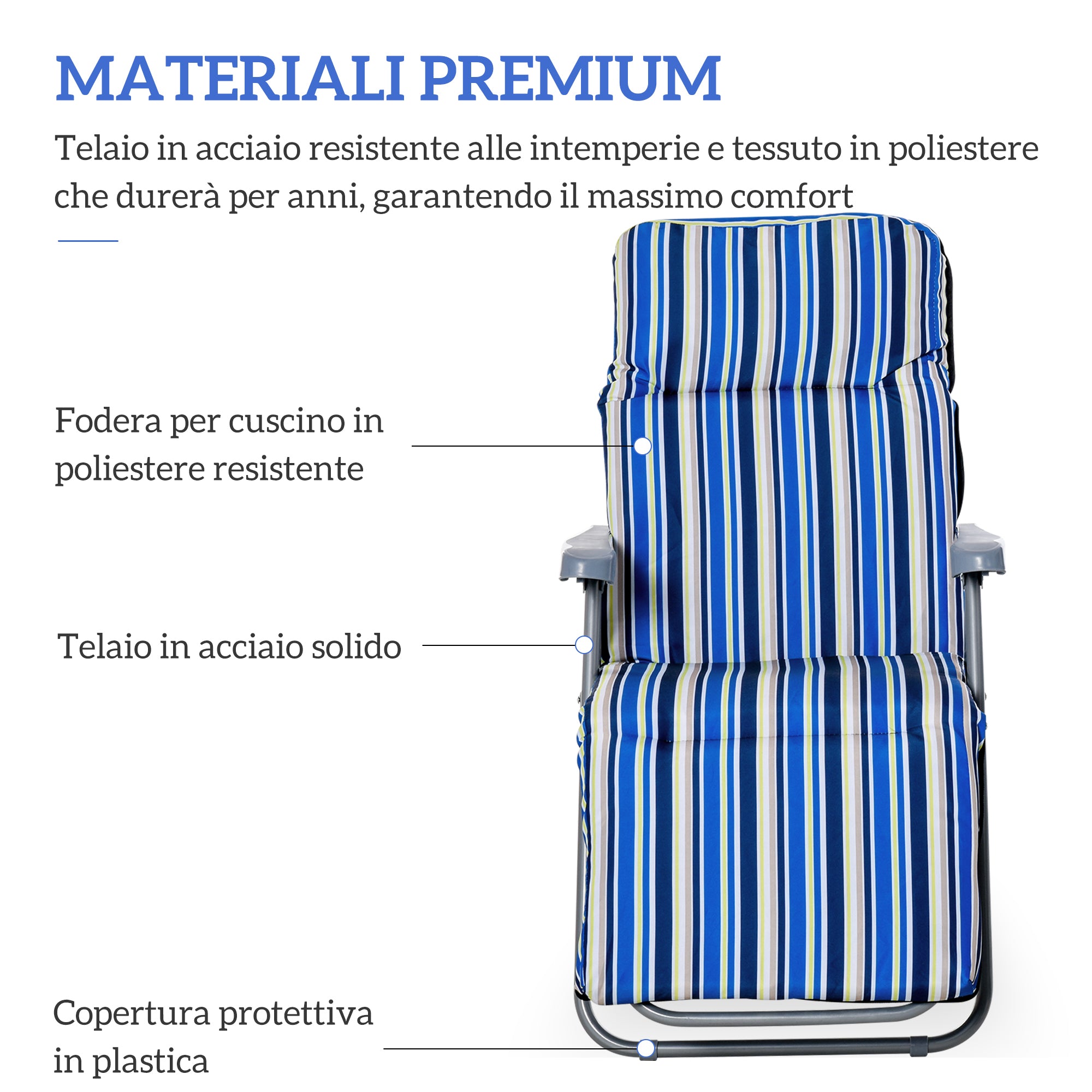 Outsunny Set of 2 Folding Deck Chairs with 5-Level Adjustable Backrest, Steel and Polyester, 60x75x102 cm, Blue and Cream