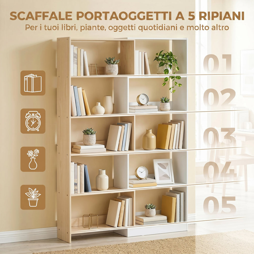 HOMCOM 5-Tier Corner Bookcase with Modular and Space-Saving Design, Made of Wood, 67x67x163.7 cm, Multicolored