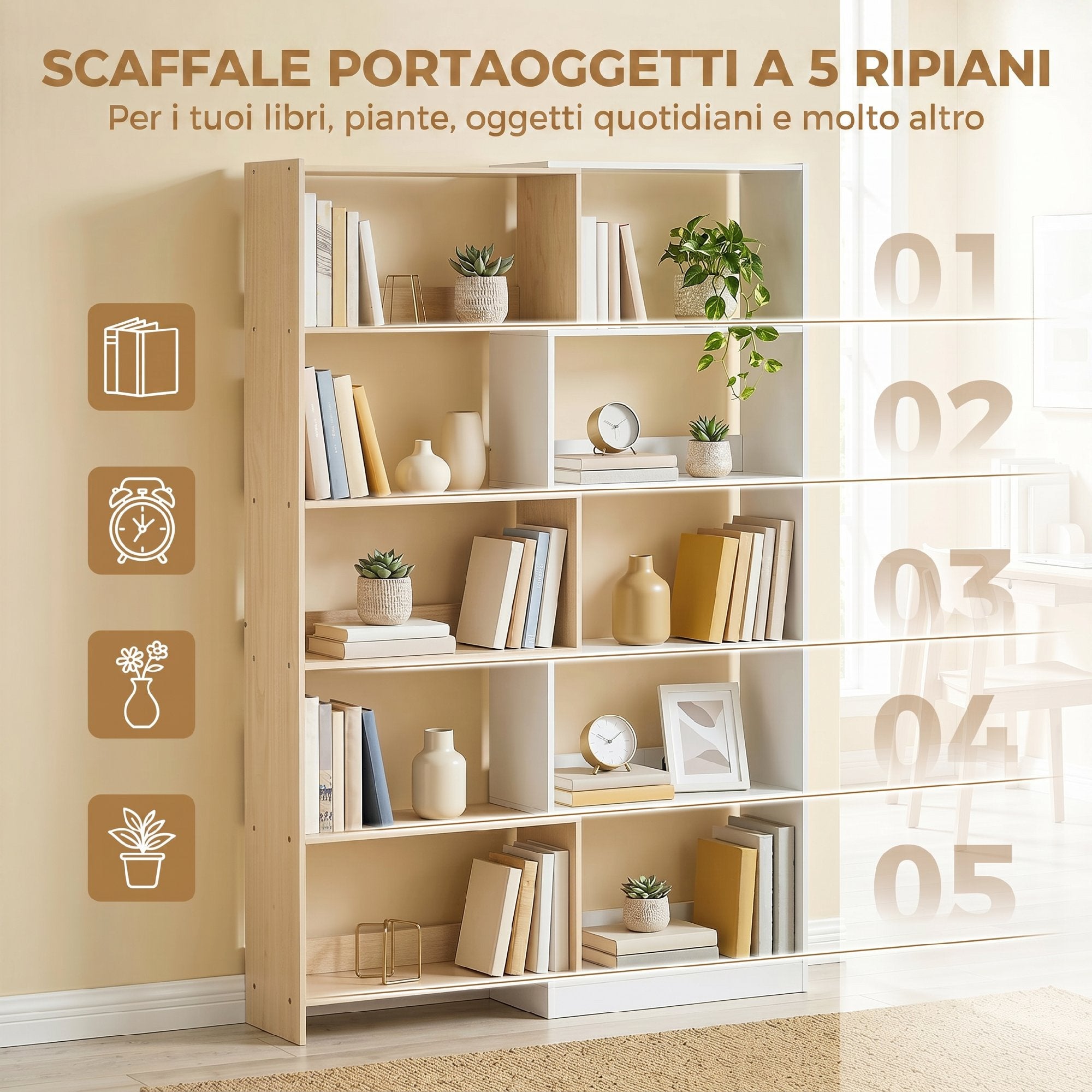 HOMCOM 5-Tier Corner Bookcase with Modular and Space-Saving Design, Made of Wood, 67x67x163.7 cm, Multicolored