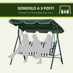 3-Seater Garden Swing in Steel and Teslin with Sunshade Roof, 172x110x153 cm, White and Green