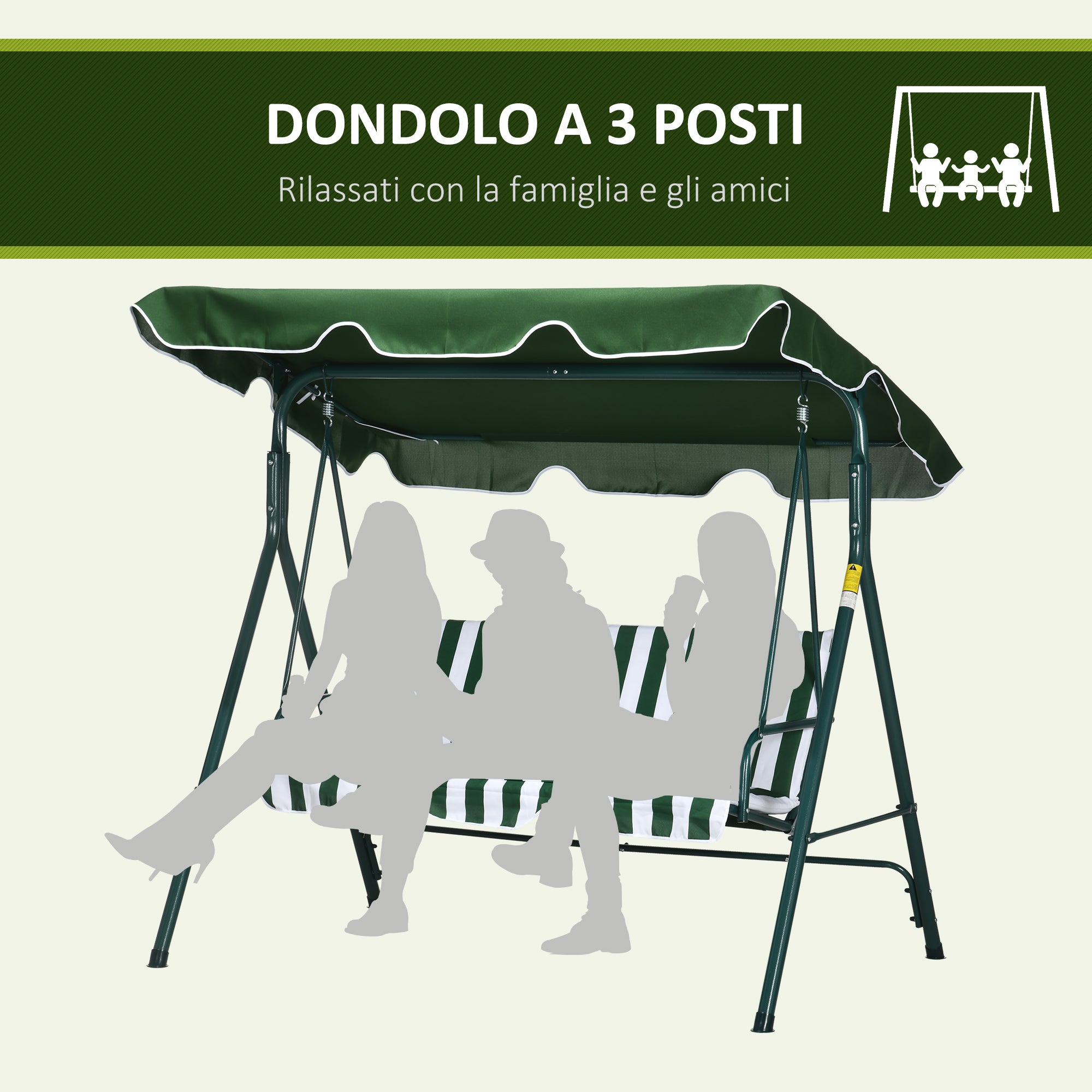 3-Seater Garden Swing in Steel and Teslin with Sunshade Roof, 172x110x153 cm, White and Green