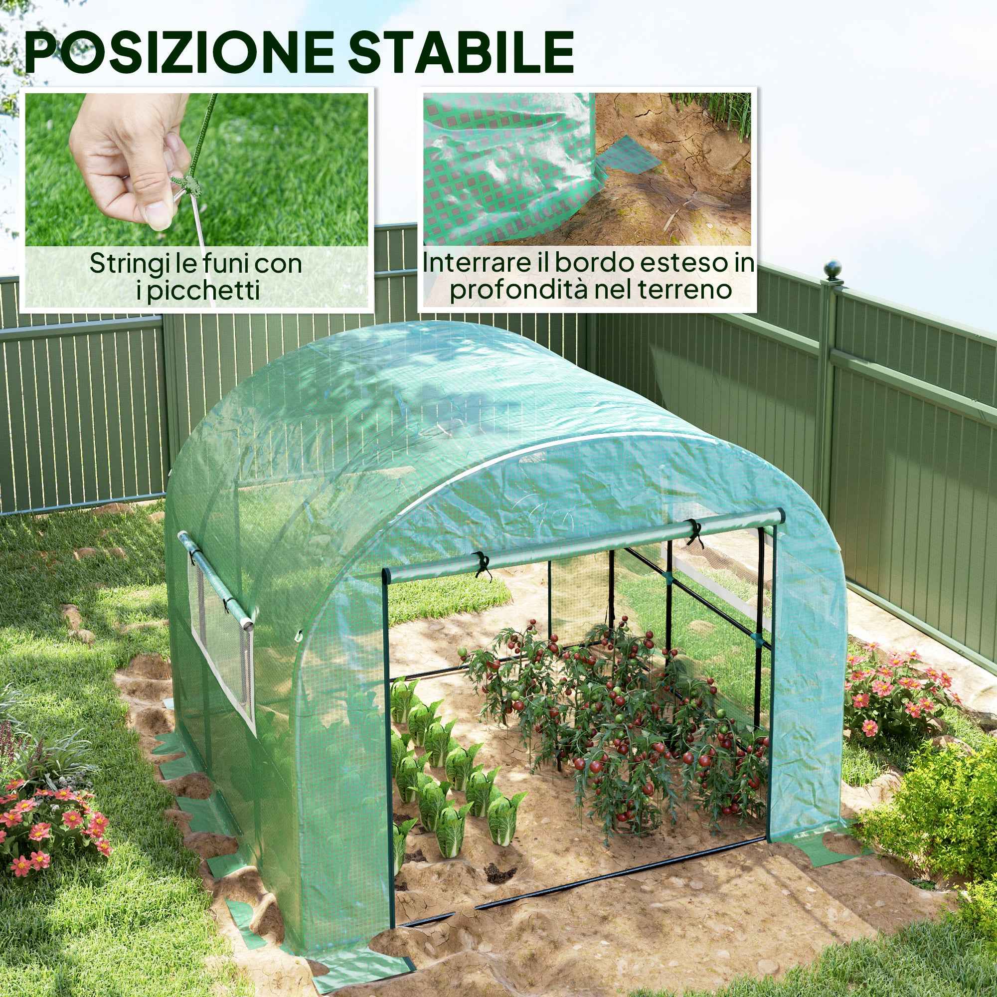 Outsunny 3x3x2 m Steel and UV-Resistant Polyethylene Tunnel Greenhouse for Vegetable Garden with Roll-Up Doors and Windows, Green