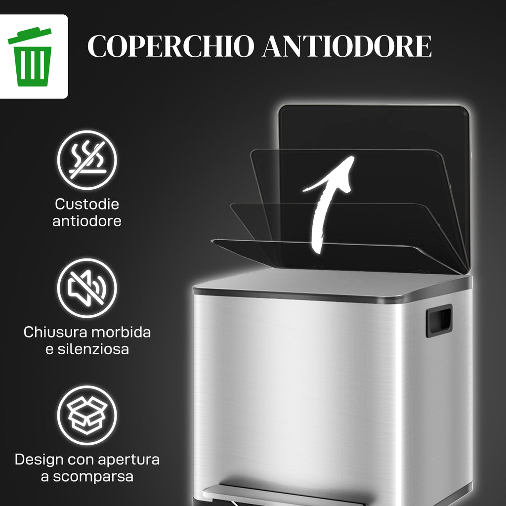 15L 2-Section Pedal Bin with Silent Lid, Stainless Steel and PP, 41.8 x 36.7 x 44 cm