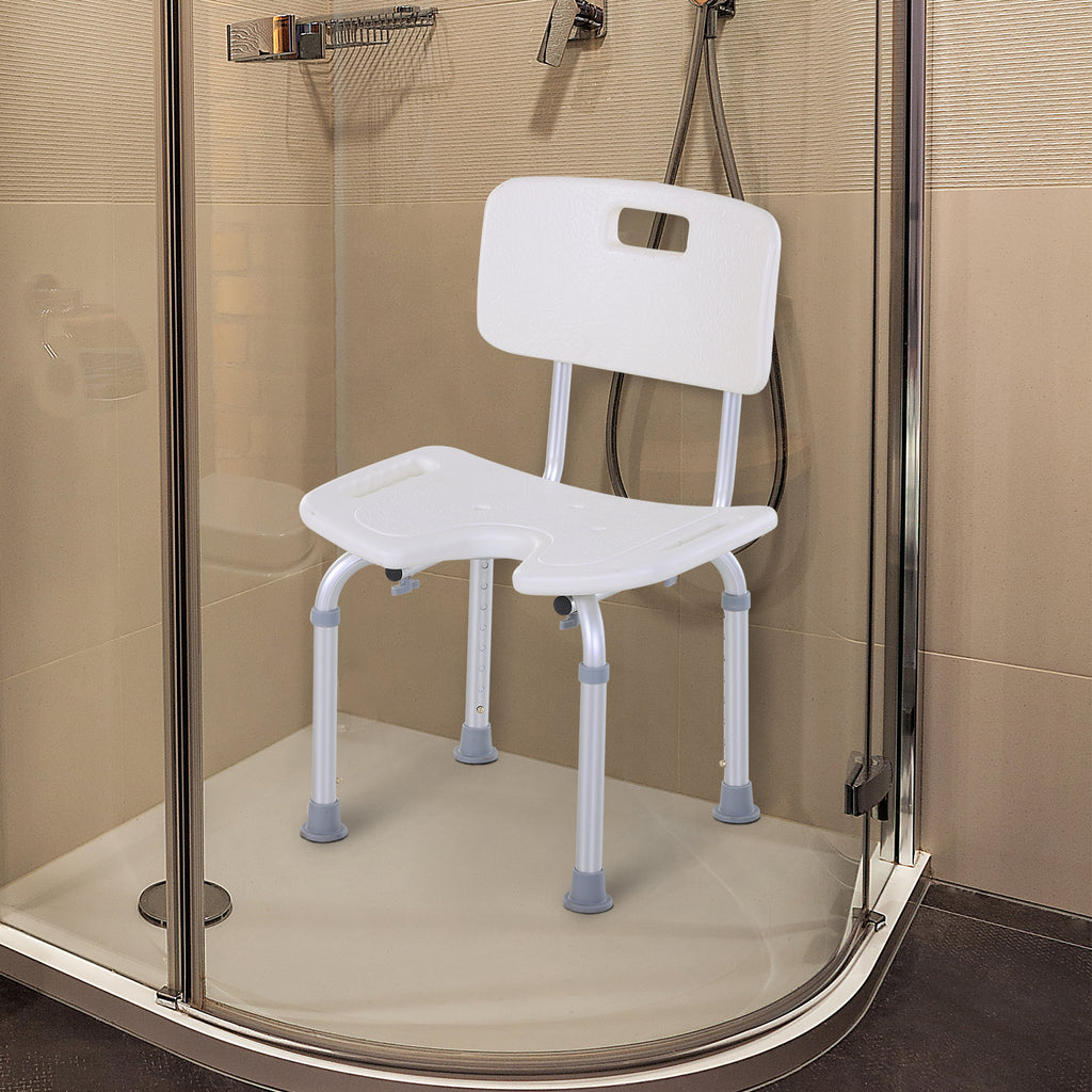 8-Level Adjustable Shower Chair with Drainage Holes, Aluminum and PE, 48x42x71-83.5 cm, White and Silver