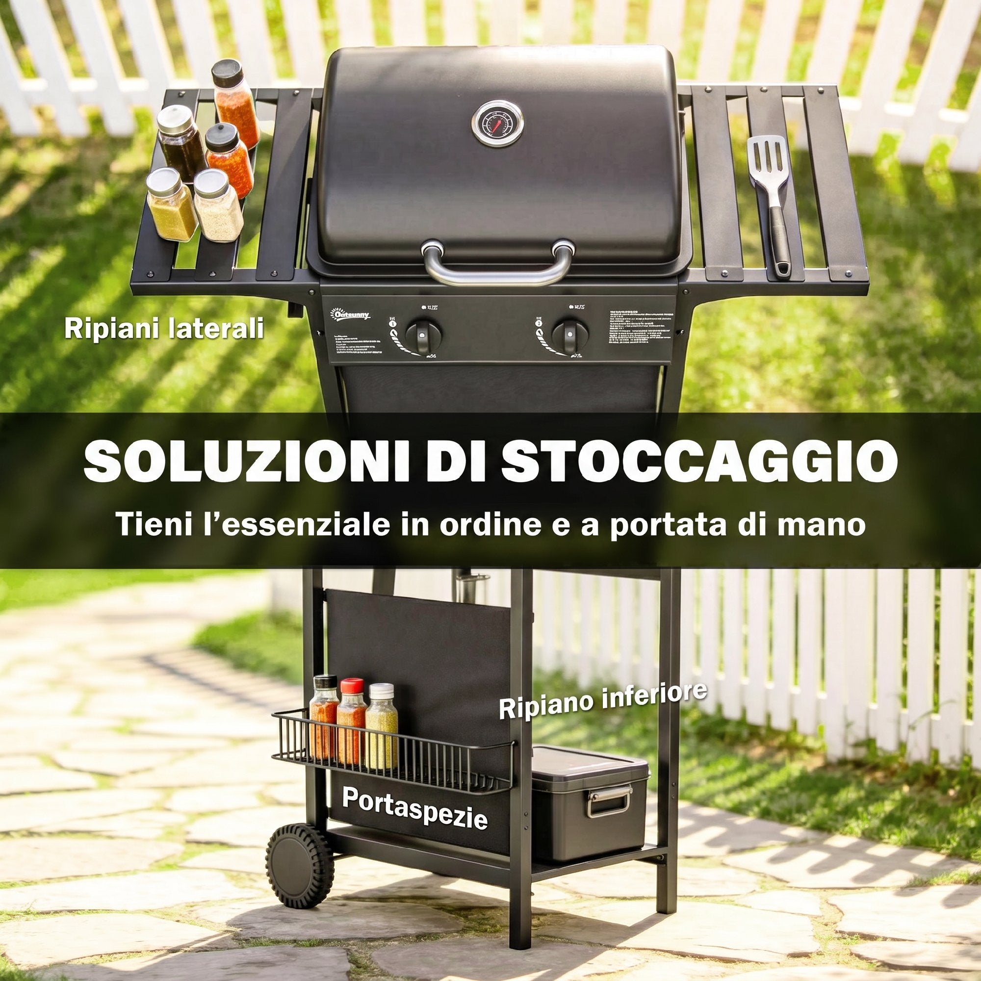 Outsunny Gas Barbecue, 2 Burners, Side Tables, Grease Tray, Black.