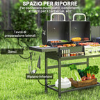 Charcoal and Gas Barbecue with 3 Burners and Lid, Thermometer, Wheels and Shelves, Black