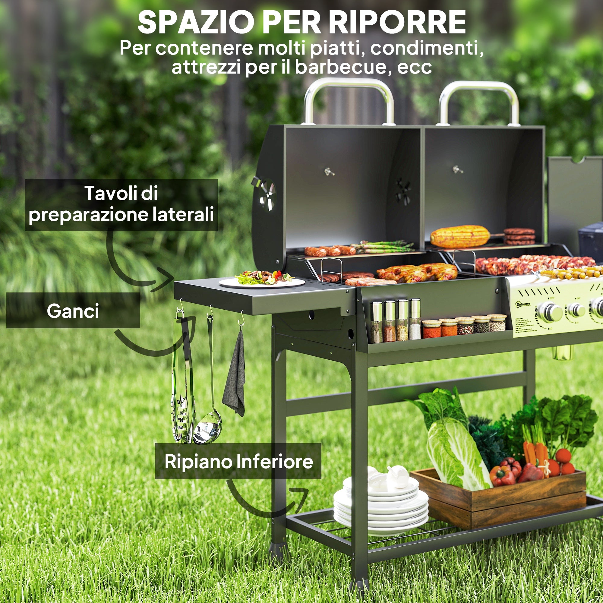 Charcoal and Gas Barbecue with 3 Burners and Lid, Thermometer, Wheels and Shelves, Black
