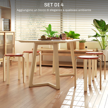 Set of 4 Round Modern Stackable Kitchen and Bar Stools in Wood, Ø40x54cm, Red and Wood