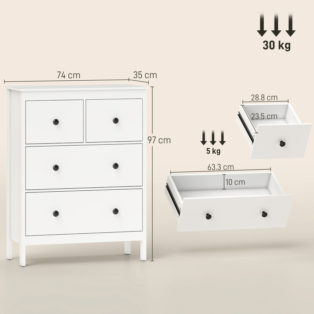 4-Drawer Chest of Drawers for Bedroom and Entrance Multipurpose Wooden, 74x35x97 cm, White