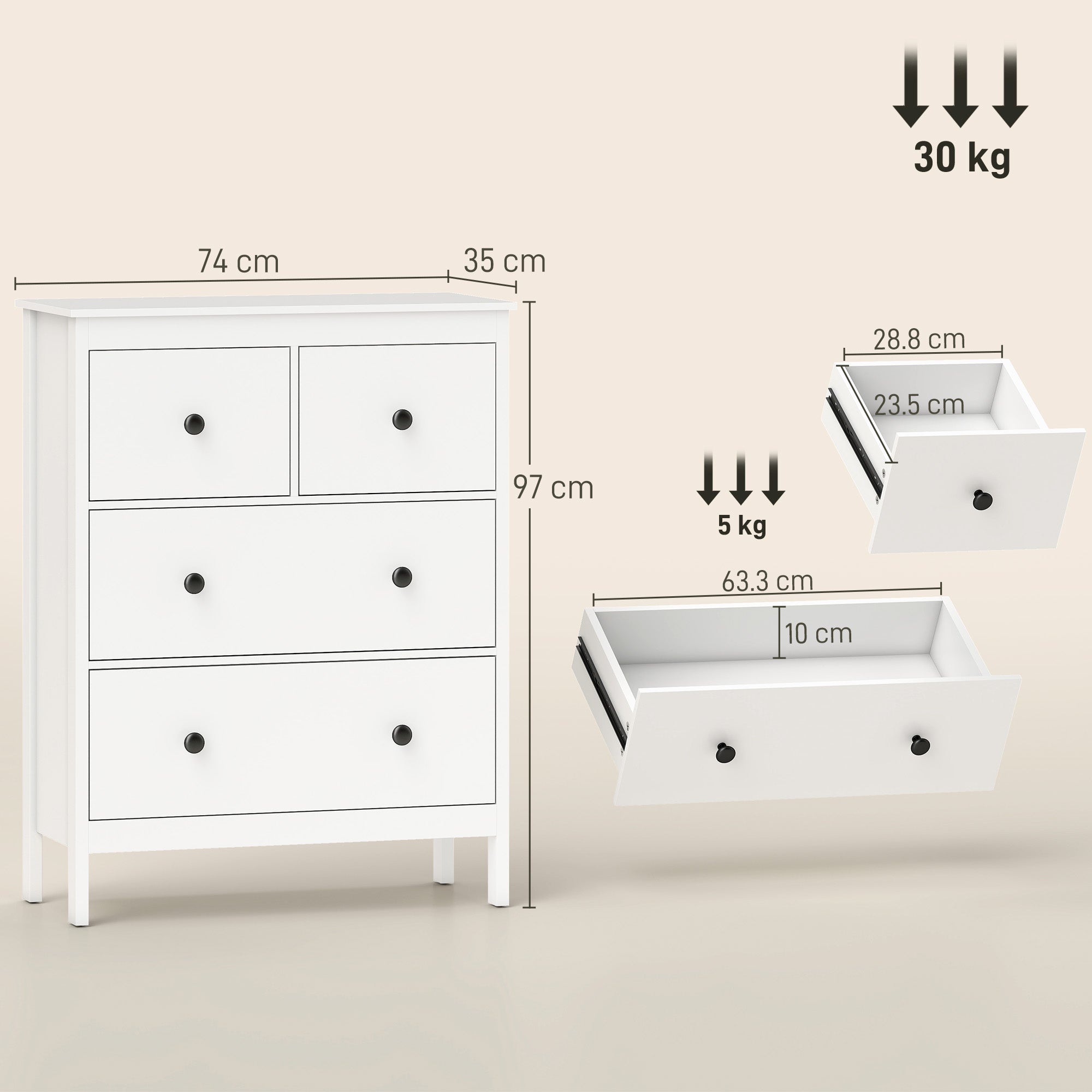 4-Drawer Chest of Drawers for Bedroom and Entrance Multipurpose Wooden, 74x35x97 cm, White