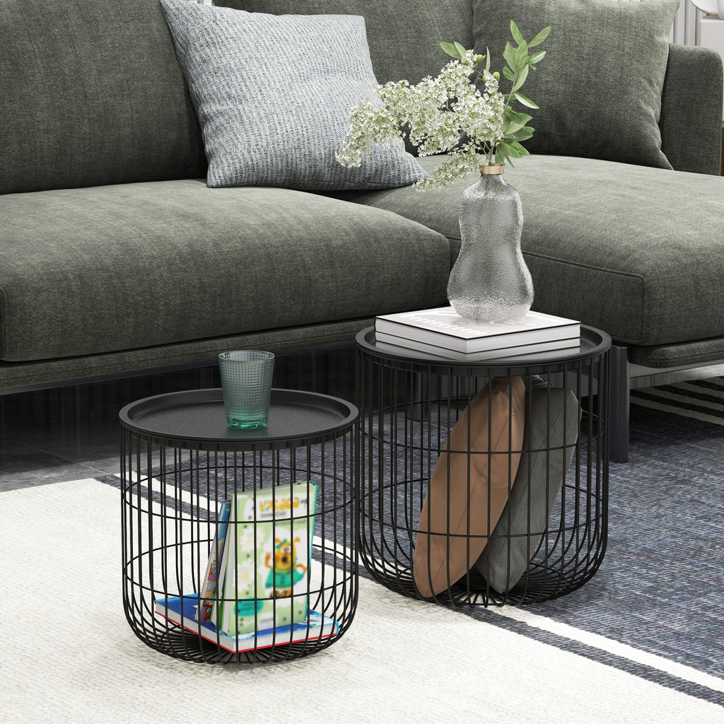 Homcom Set 2 Tavolini di Living Rooms Retondi steel with container compartment, black - Borgè