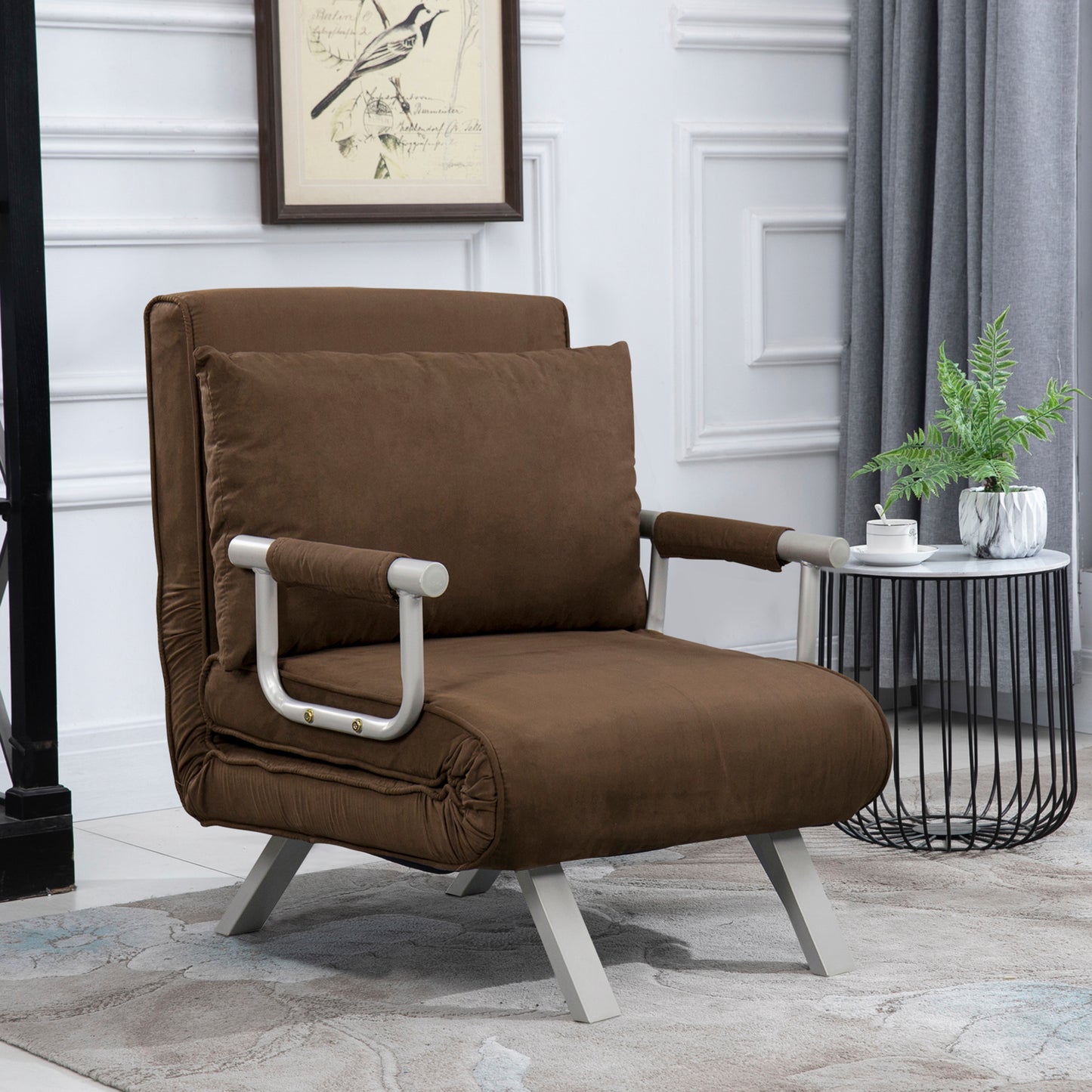 Modern 2-in-1 Armchair Bed with 5-Position Reclining Backrest and Cushion, 65x69x80cm, Brown