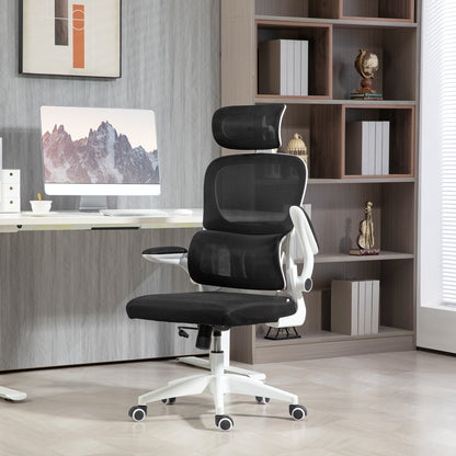 Swivel Office Chair with Adjustable Headrest and Height, Folding Armrests and Tilt, Black