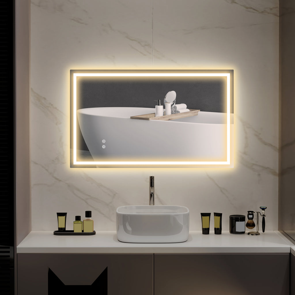 Bathroom Mirror with 3-Color Adjustable LED Lights and Anti-Shock Coating, Glass and Metal, 100x3x60 cm