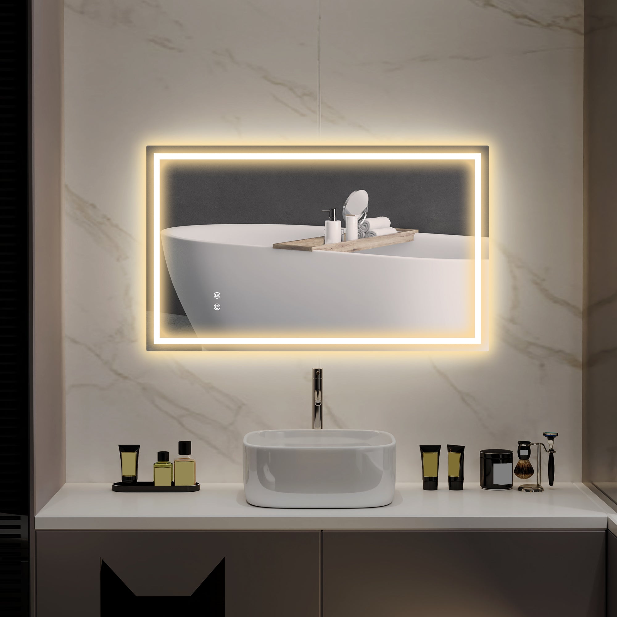 Bathroom Mirror with 3-Color Adjustable LED Lights and Anti-Shock Coating, Glass and Metal, 100x3x60 cm