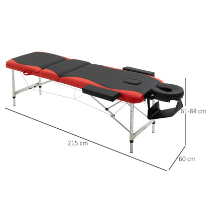 Foldable Massage and Beauty Table with Adjustable Height, Professional Massage Bed in Aluminum and Plastic, 215x60x61-84 cm, Black and Red