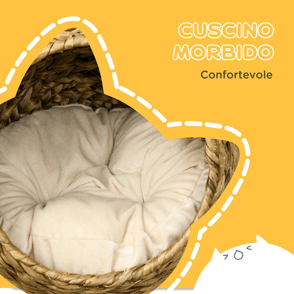 Raised Wicker Cat Bed with Cotton Cushion, Brown and White, 42 x 33 x 52cm