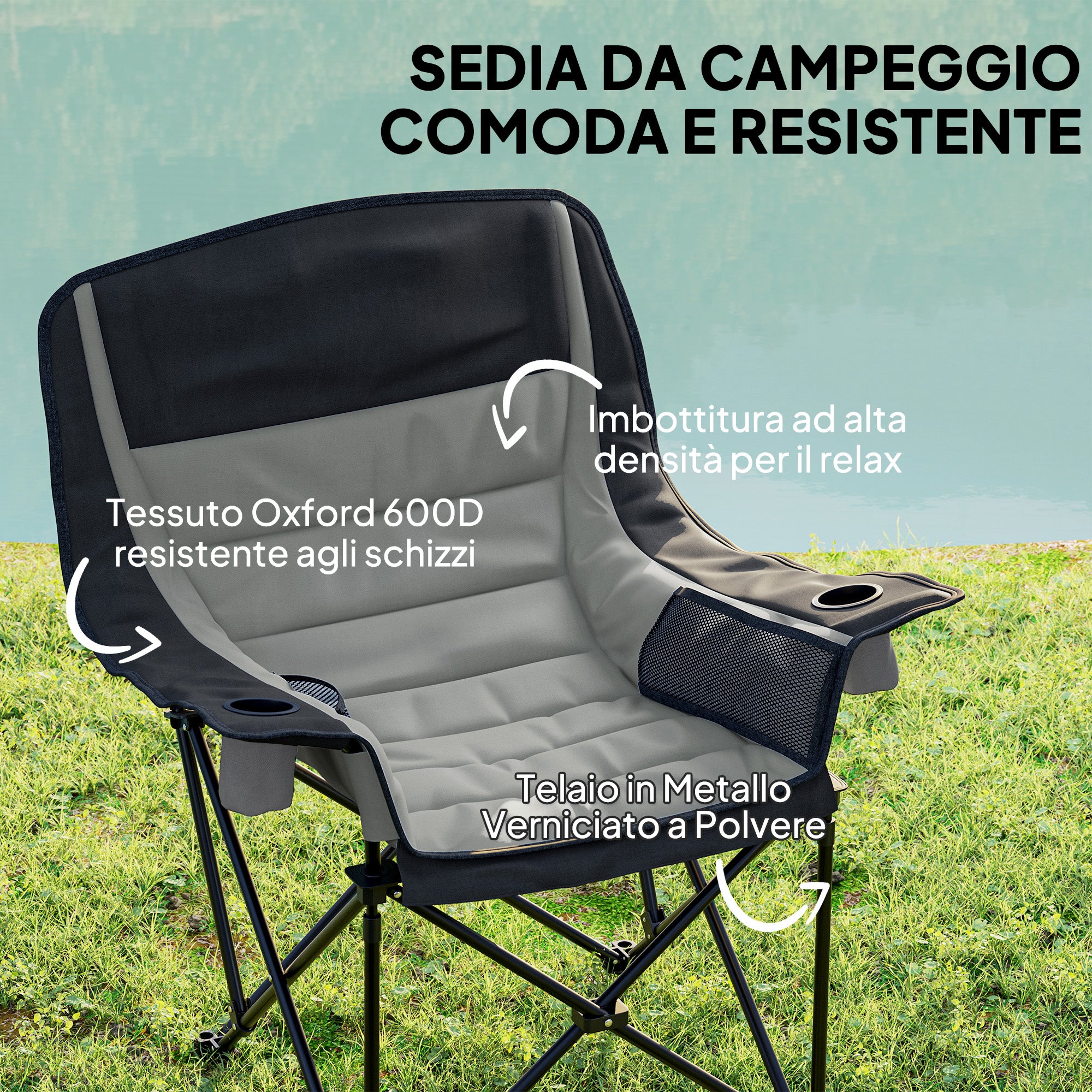 Folding Camping Chair with 2 Cup Holders and Side Pockets, 99x71x103 cm, Gray and Black