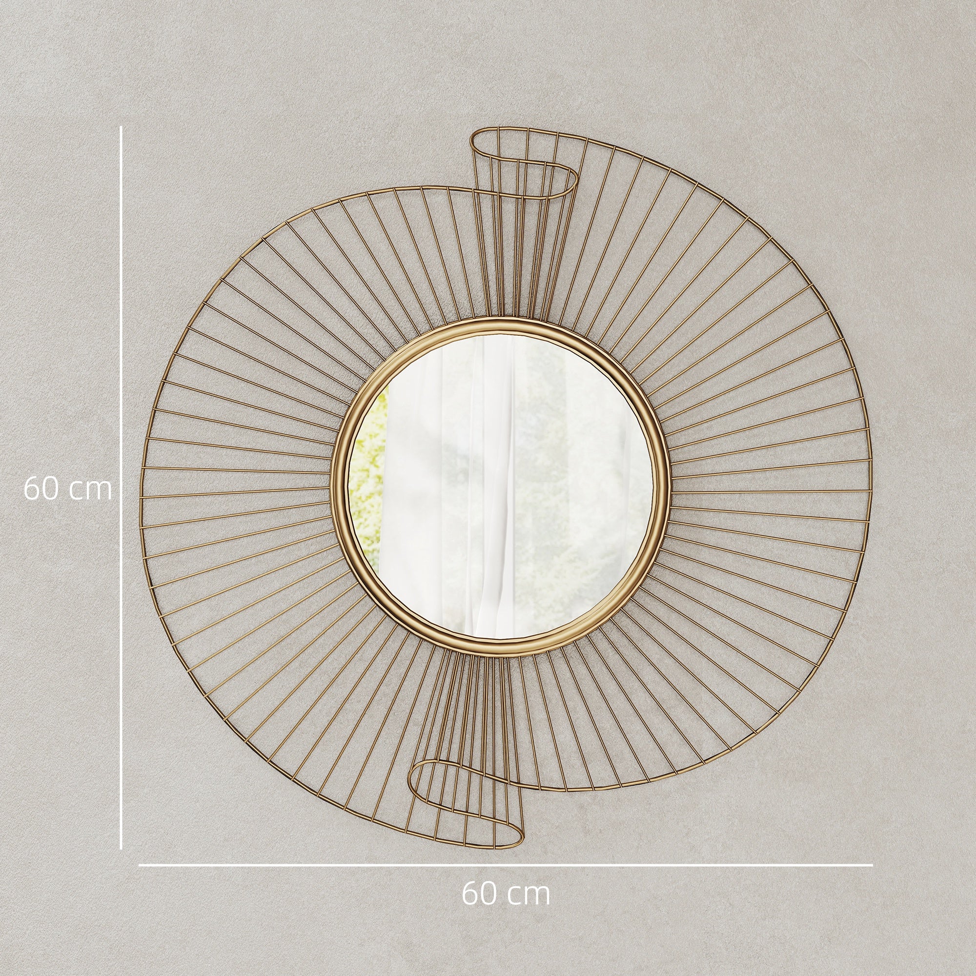 HOMCOM Round Wall Mirror with Metal Stripes and Pleated Design, 60x60 cm, Gold