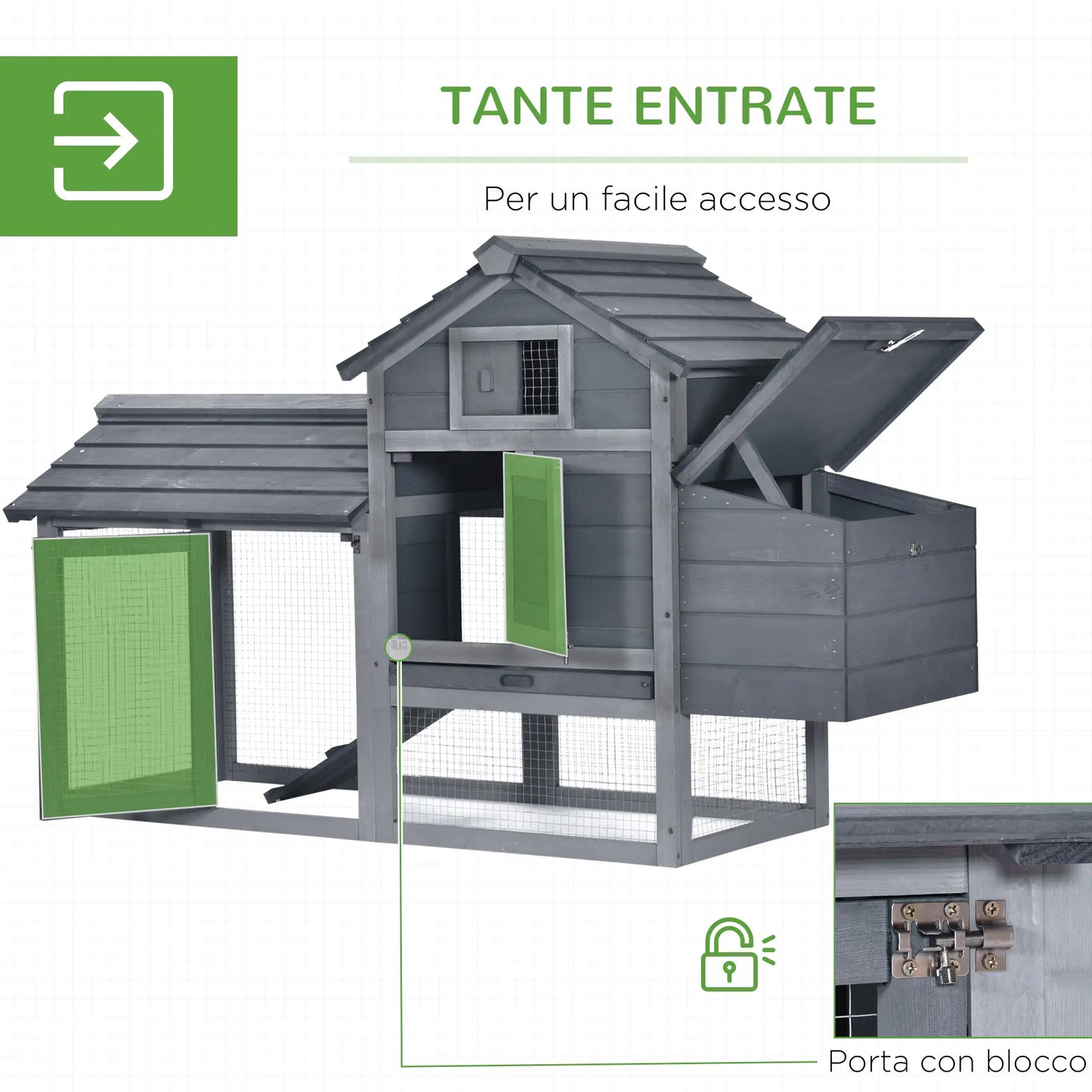 Prefabricated Wooden Chicken Coop for 2 Chickens with Run and Nest for Brooding, 150.5x54x87cm