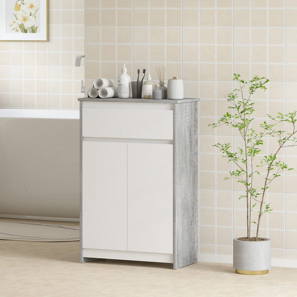 kleankin Freestanding Bathroom Cabinet with Drawer and Double Doors, Grey-White