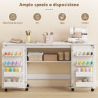 Folding Sewing Machine Table with Shelves, 20 Pegs, Lockable Wheels, White