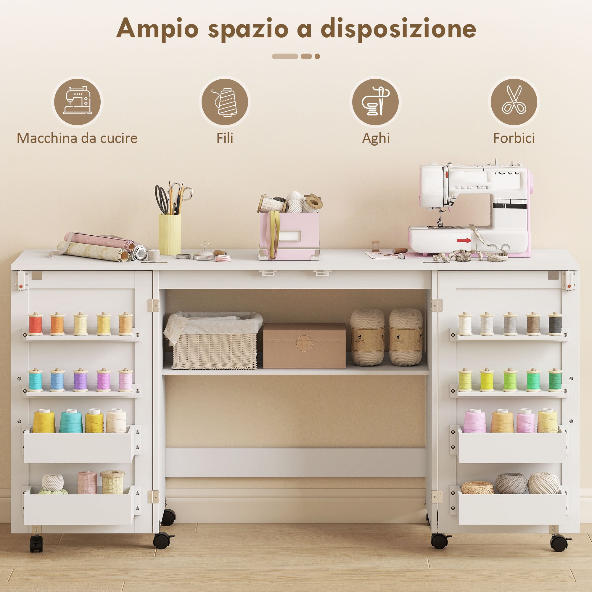 Folding Sewing Machine Table with Shelves, 20 Pegs, Lockable Wheels, White