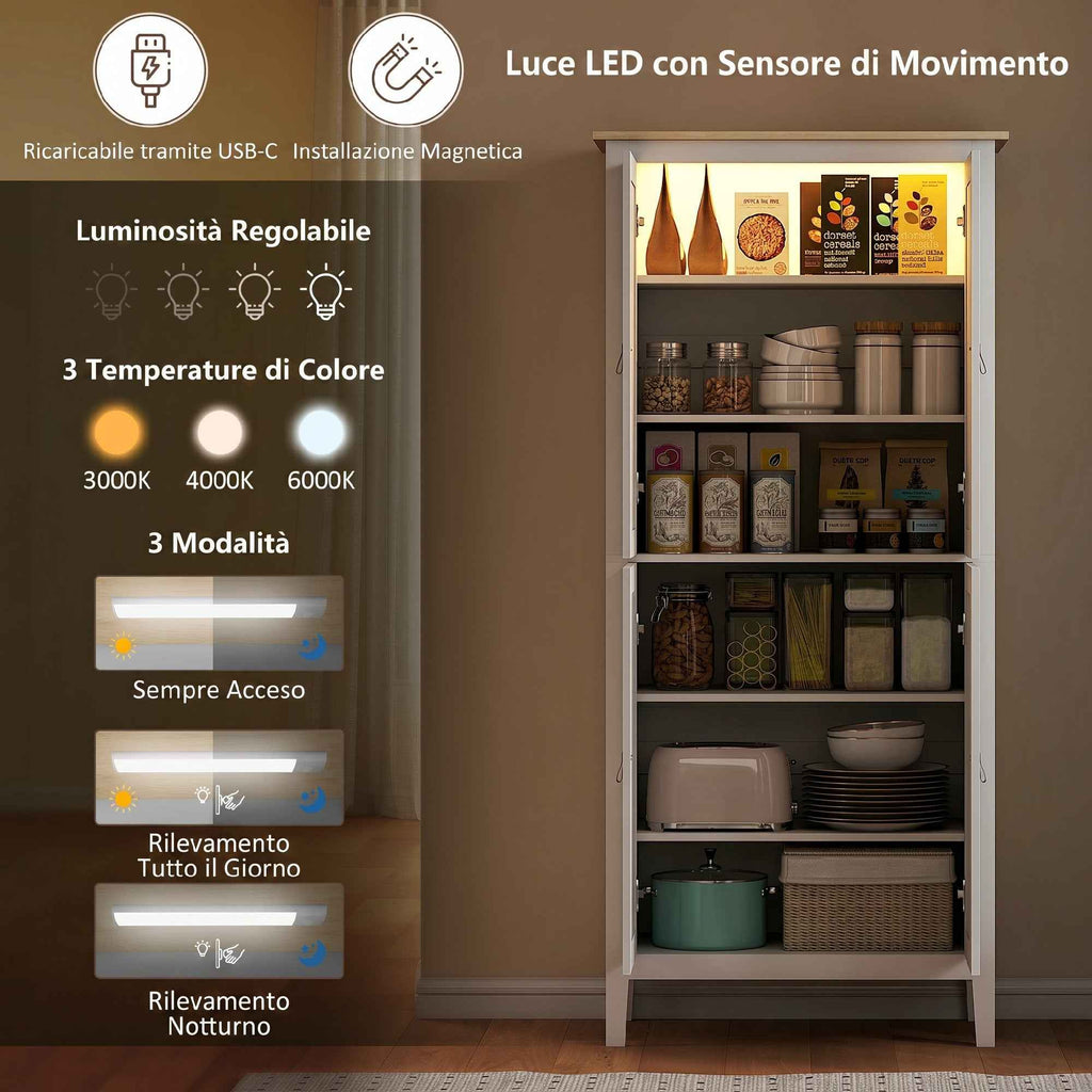 HOMCOM 177cm Tall Kitchen Sideboard, Kitchen Cabinet with LED Light, 3-Color Dimmable, Adjustable Shelves, White