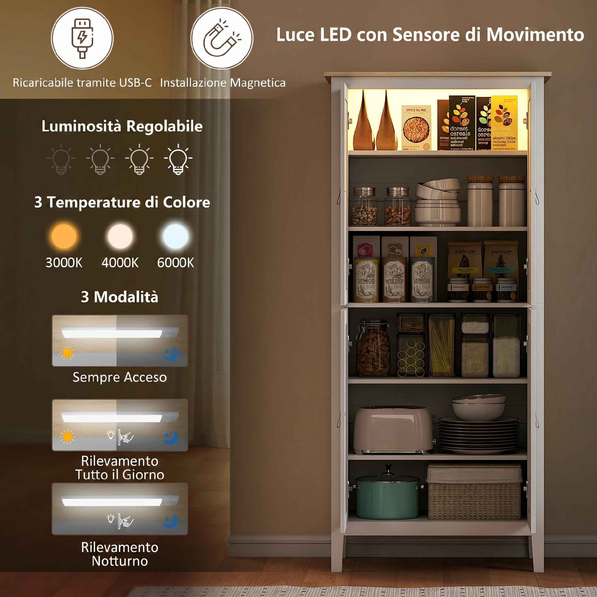 HOMCOM 177cm Tall Kitchen Sideboard, Kitchen Cabinet with LED Light, 3-Color Dimmable, Adjustable Shelves, White