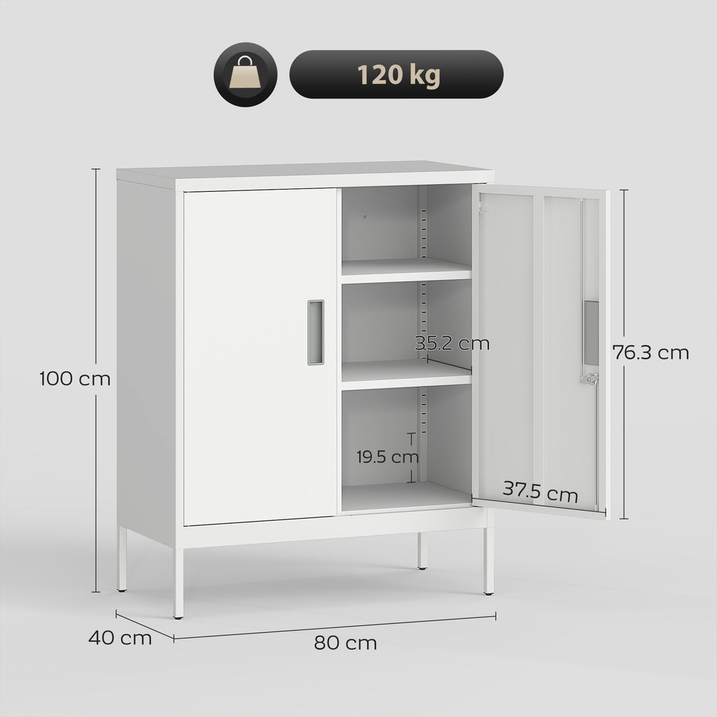 2-Tier Adjustable Steel Office Cabinet with Lock and 2 Keys, 80x40x100cm, White