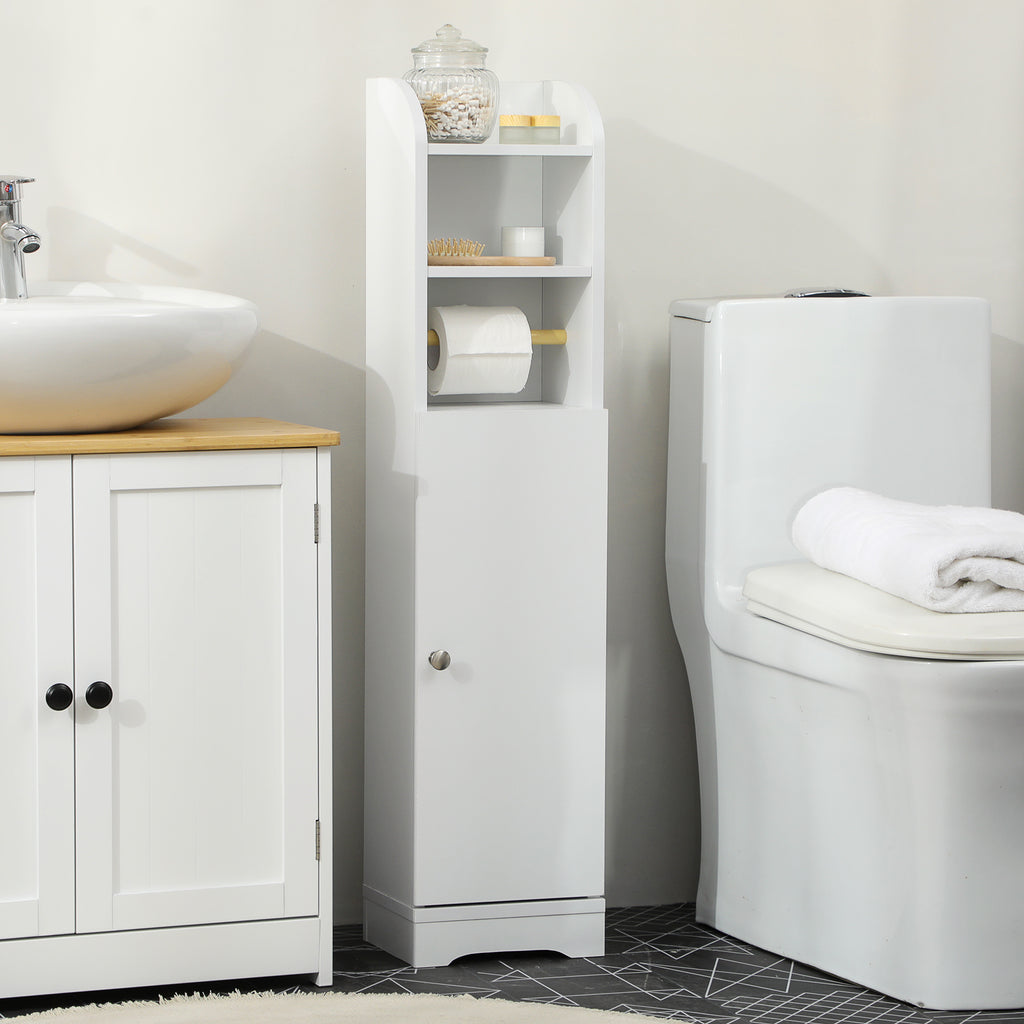 Bathroom Column with 3 Open Shelves and Adjustable 2-Tier Cabinet, Wooden, 23x18x100 cm, White