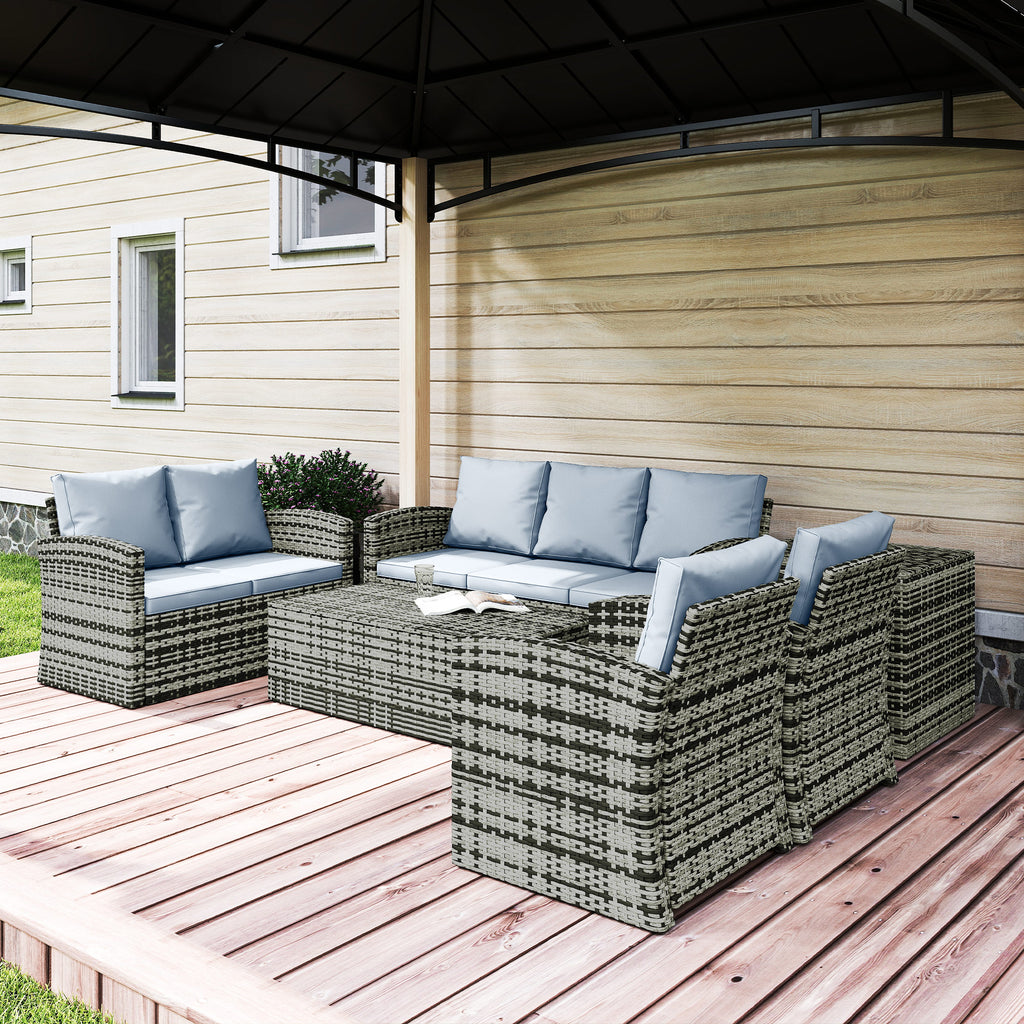 6-Piece Outdoor Set with 2 Storage Tables, 2 Sofas and 2 Armchairs, in Rattan and Steel, Grey
