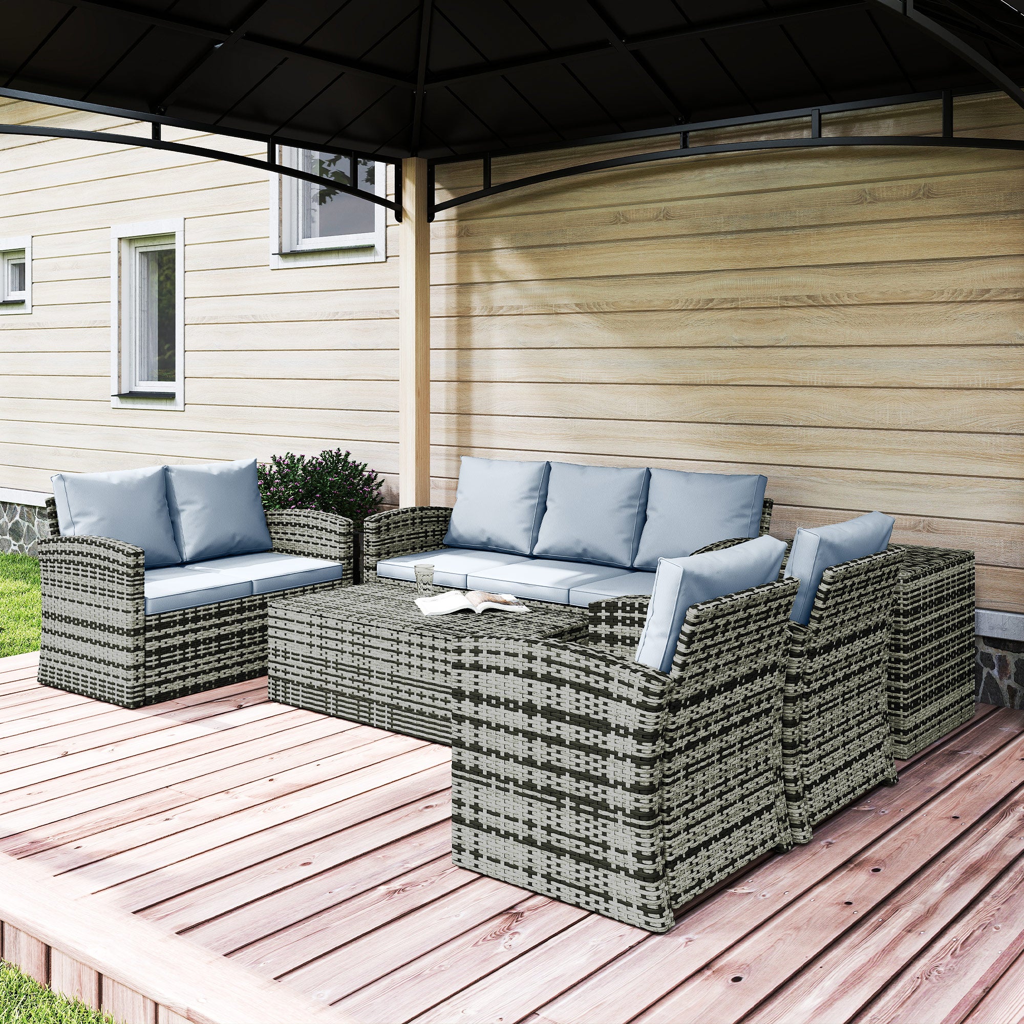 6-Piece Outdoor Set with 2 Storage Tables, 2 Sofas and 2 Armchairs, in Rattan and Steel, Grey