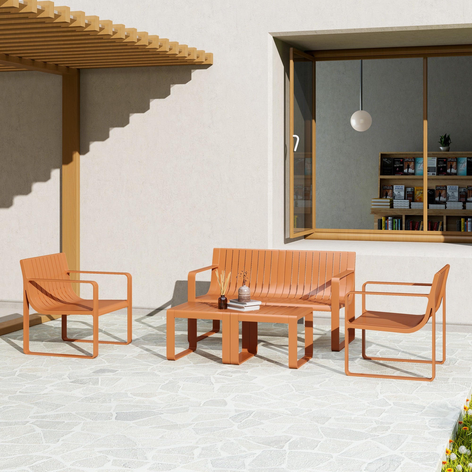 5 Piece Slatted Garden Set with Sofa, 2 Armchairs and 2 Coffee Tables in Orange Polypropylene