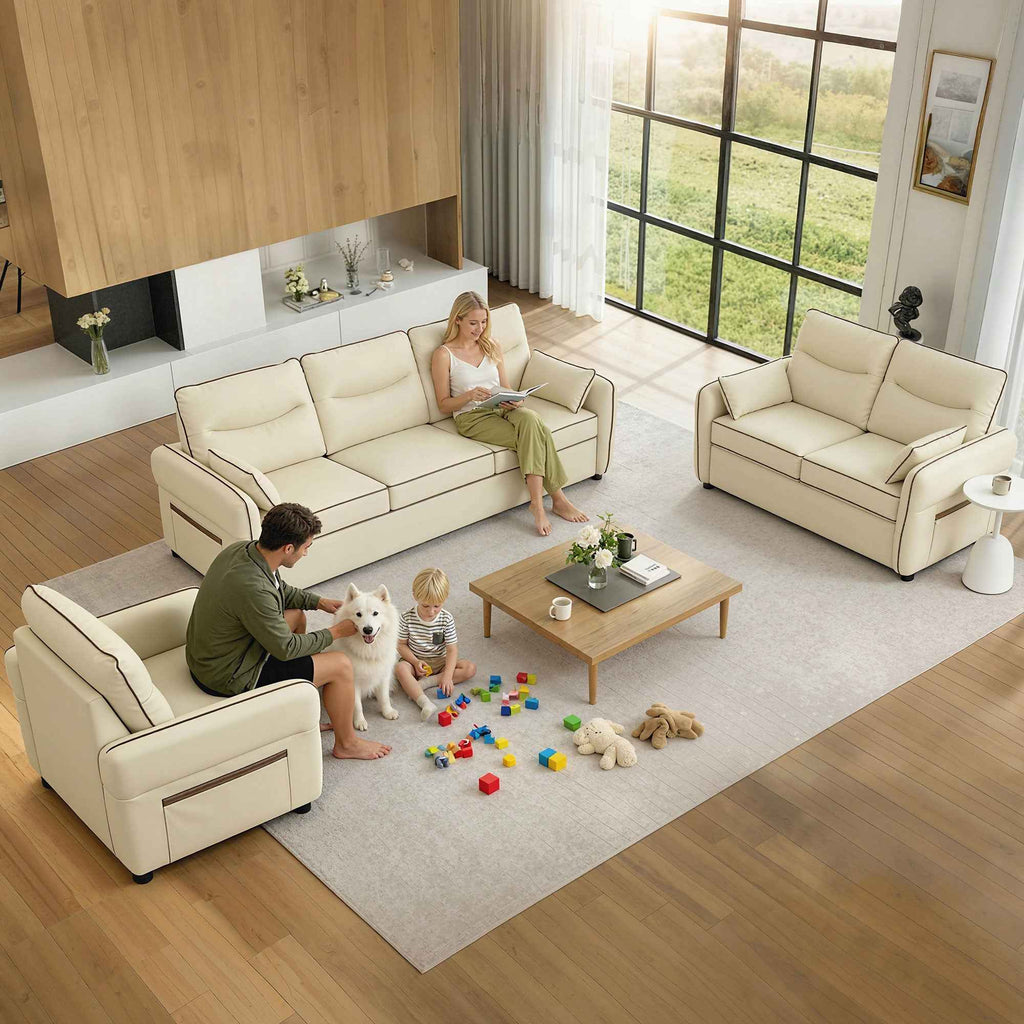 HOMCOM 2-Seater Faux Leather Sofa with Thick Padding, Side Pocket and 2 Cushions, 136x81x90 cm, Beige