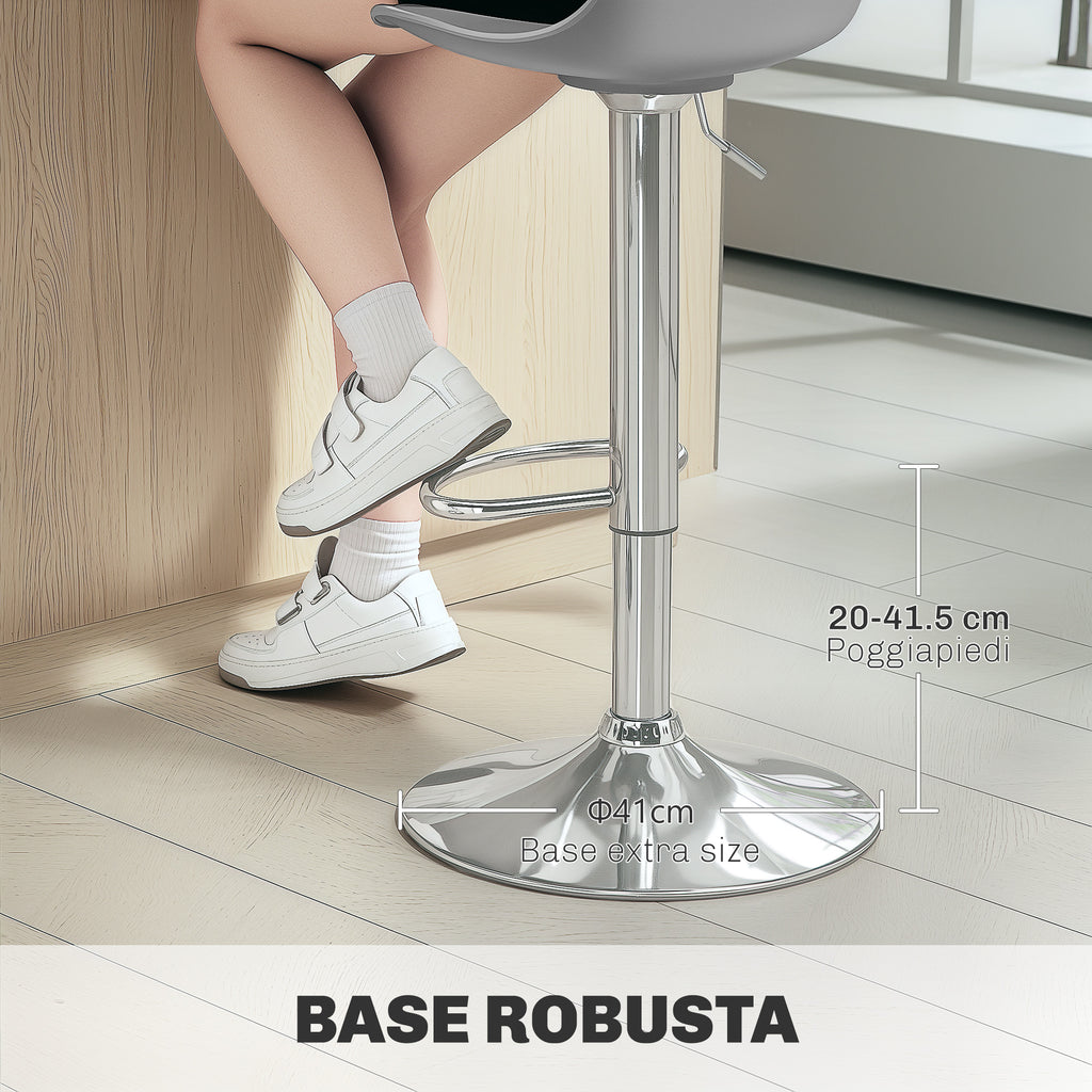 HOMCOM Set of 2 Bar Stools with Backrest and Footrest, in PP, PU Leather and Steel, 38x42x82-104 cm, Grey