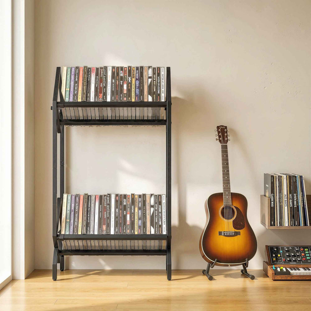 HOMCOM 50 CD Holder, 2-Tier Metal Vinyl Record Rack for DVDs, Books, Albums, Black