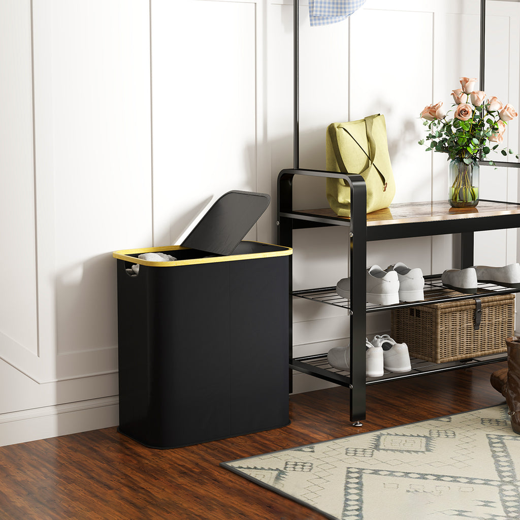 Laundry Basket 80L 2-Section with Lid, Non-Woven and Bamboo, 54x34x58.5 cm, Black