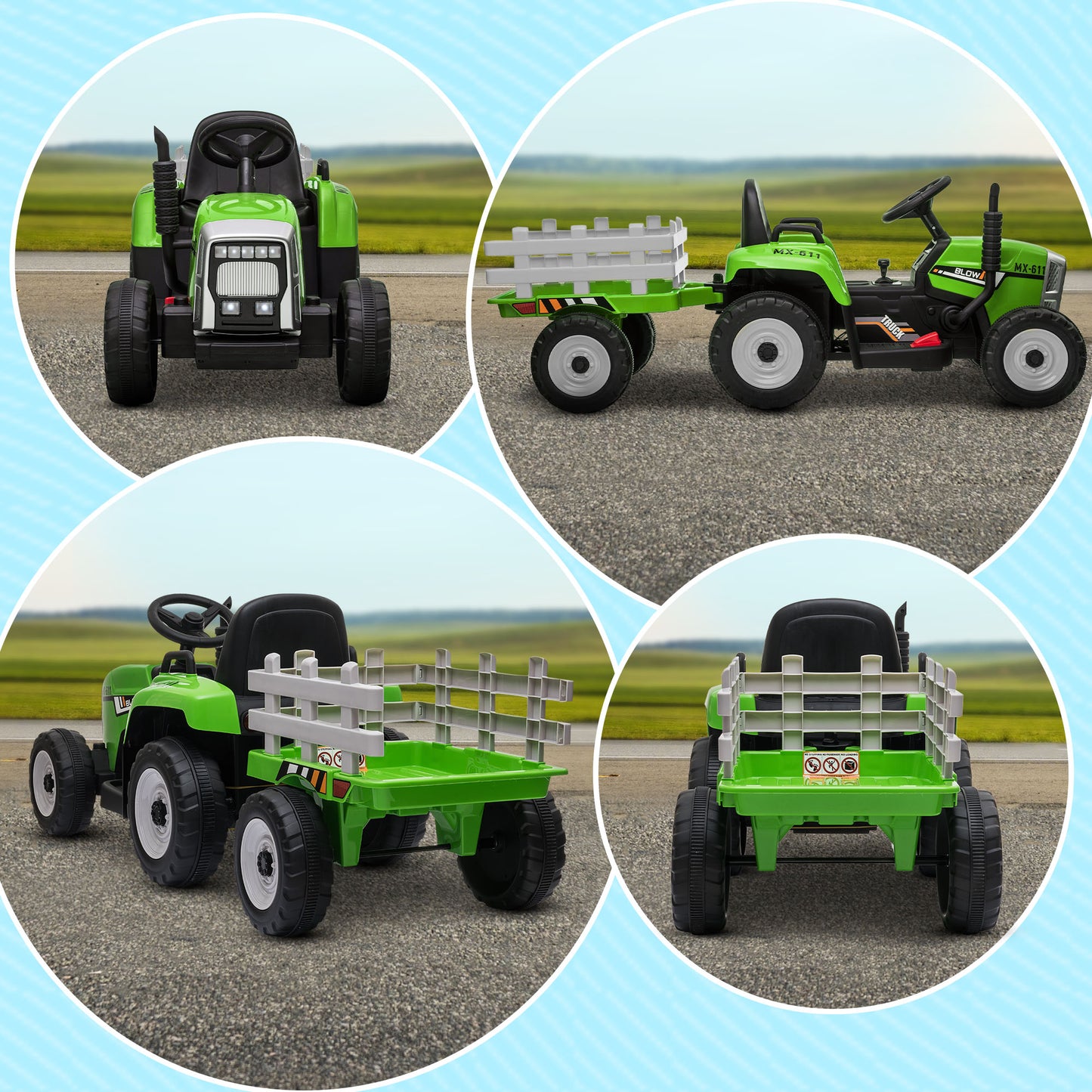 HOMCOM Electric Tractor for Children 3-6 Years with Removable Trailer, 12V Battery and Remote Control, Green - Borgè