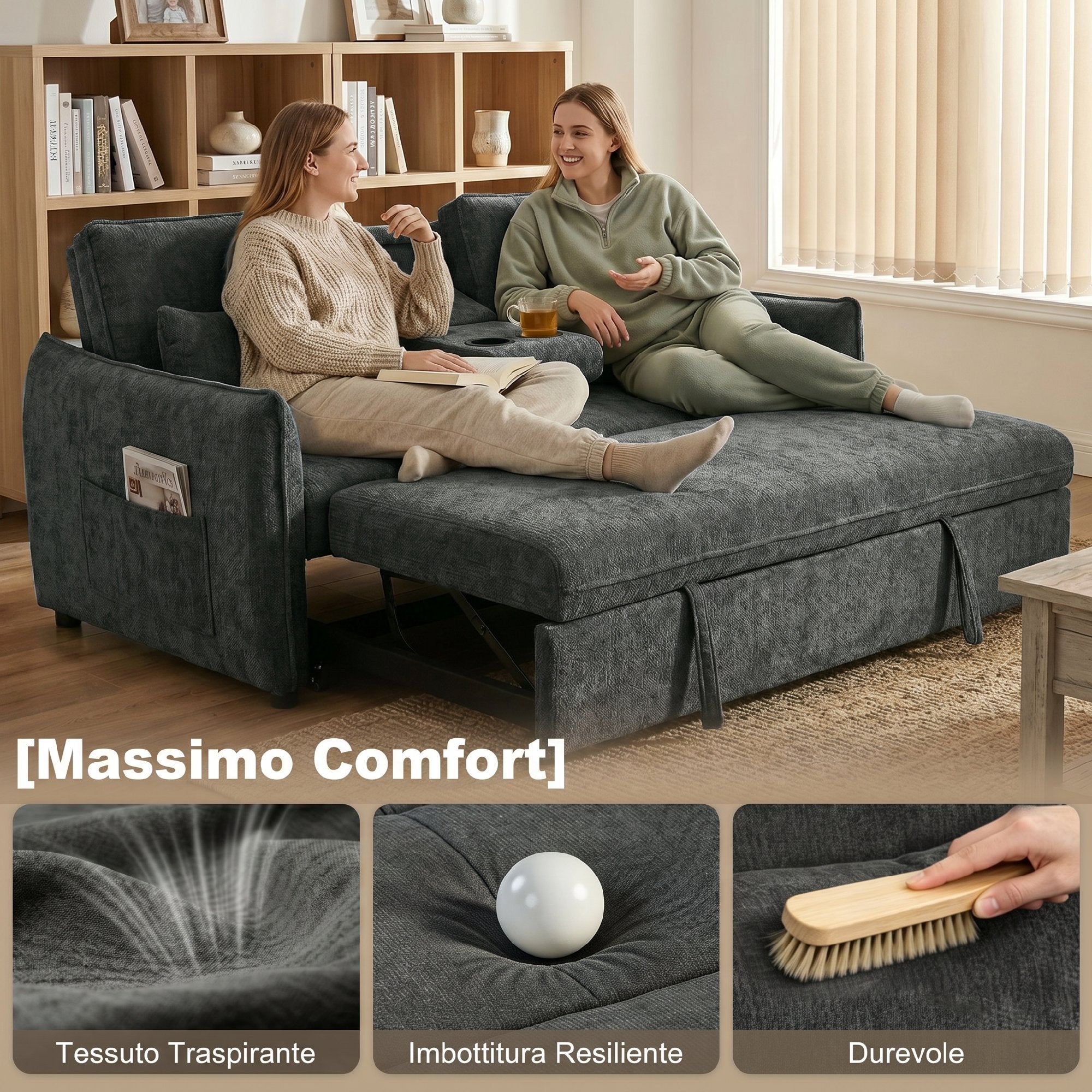 HOMCOM 3-in-1 2-Seater Sofa Bed with 3-Position Adjustable Backrest and 2 Cushions, Chenille, Dark Grey