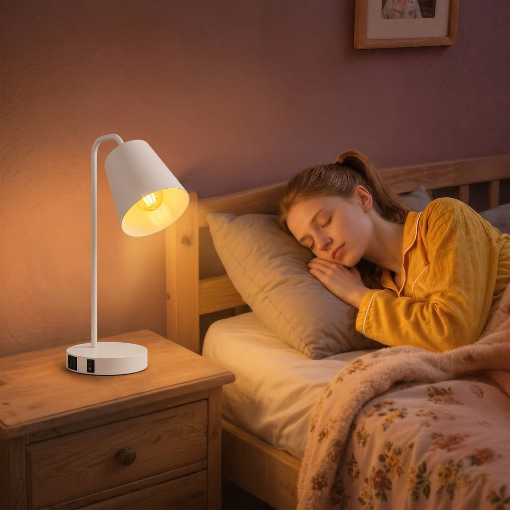 HOMCOM Set of 2 Modern Steel Table Lamps with USB Ports, E27 Socket, White