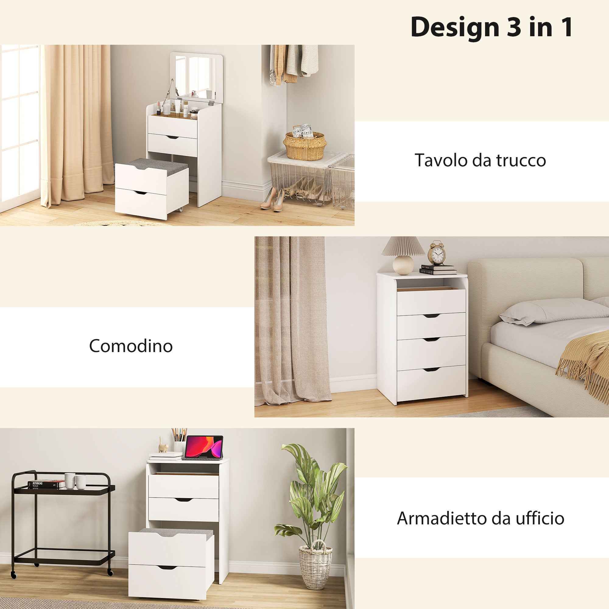 HOMCOM 3-in-1 Dressing Table with Mirror, Compartment, 2 Drawers and Stool, Wooden, 50x40x78 cm, White
