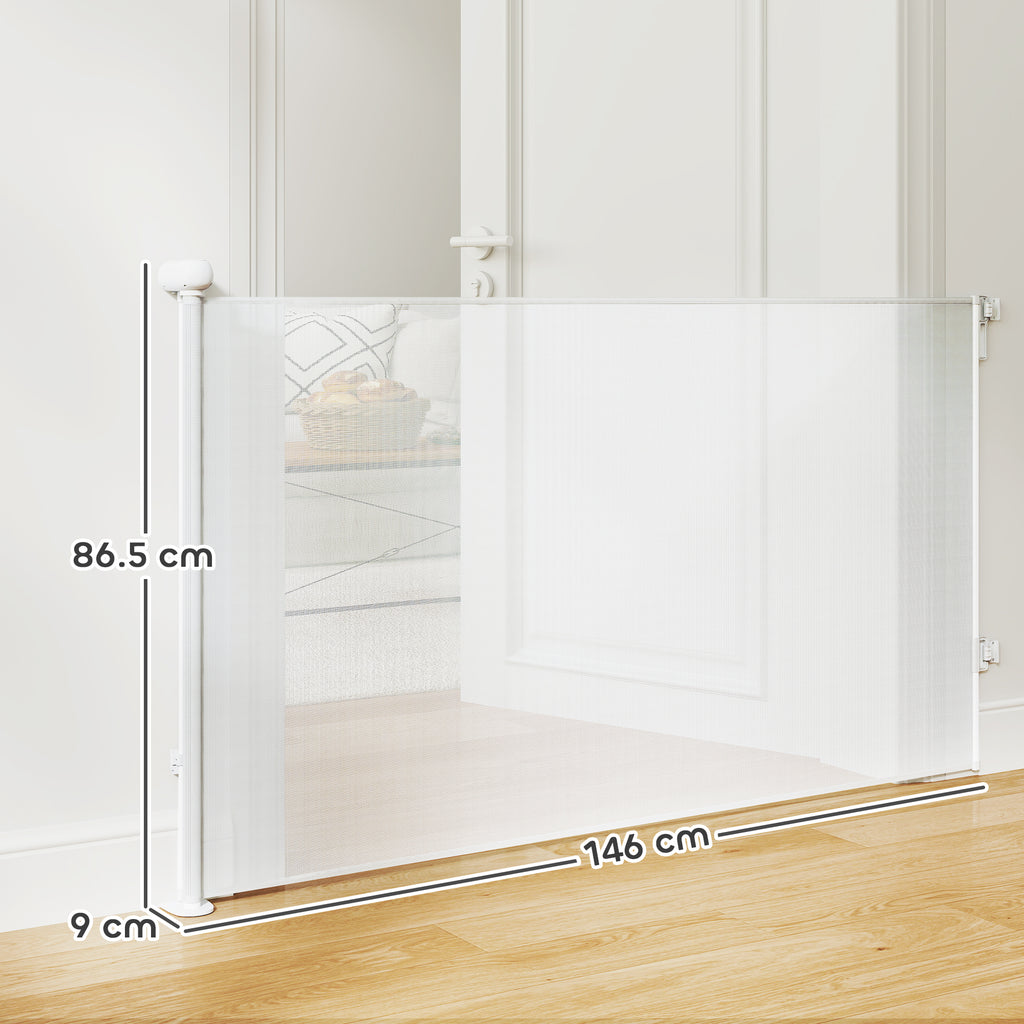 Gate for Small Dogs Extendable 0-140x86.5 cm and Retractable with Automatic Lock, White
