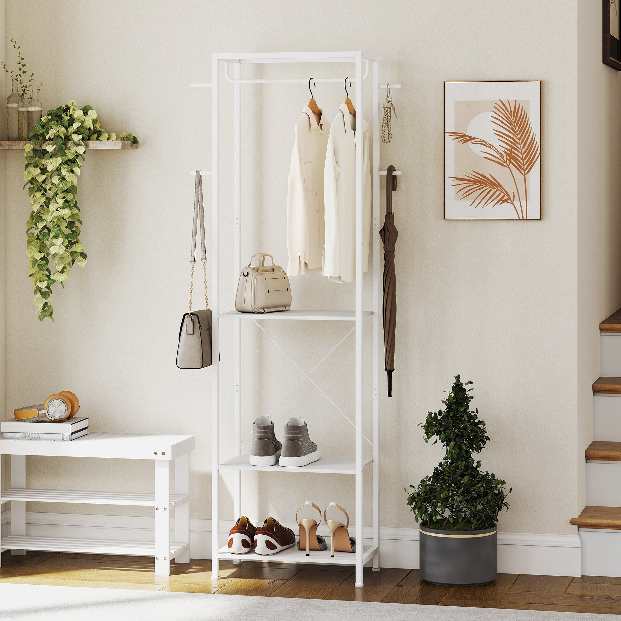 2-Tier Coat Rack with Shoe Rack, Clothes Rail, 4 Hooks, Top Shelf, 52x30x180 cm, White