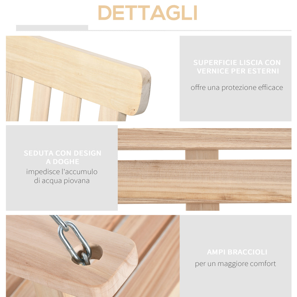 2-Person Outdoor Hanging Swing in Wood and Metal Chains, Natural Color 119x65x61cm